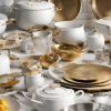 A collection of white and golden-brown dinnerware arranged in a table.