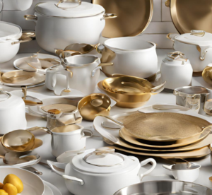 A collection of white and golden-brown dinnerware arranged in a table.