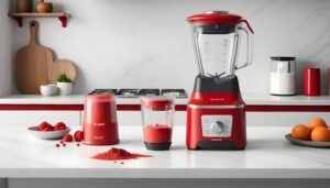  a red kitchen blender placed on a white countertop