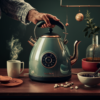 an elderly hand holding a kettle on a wooden table.