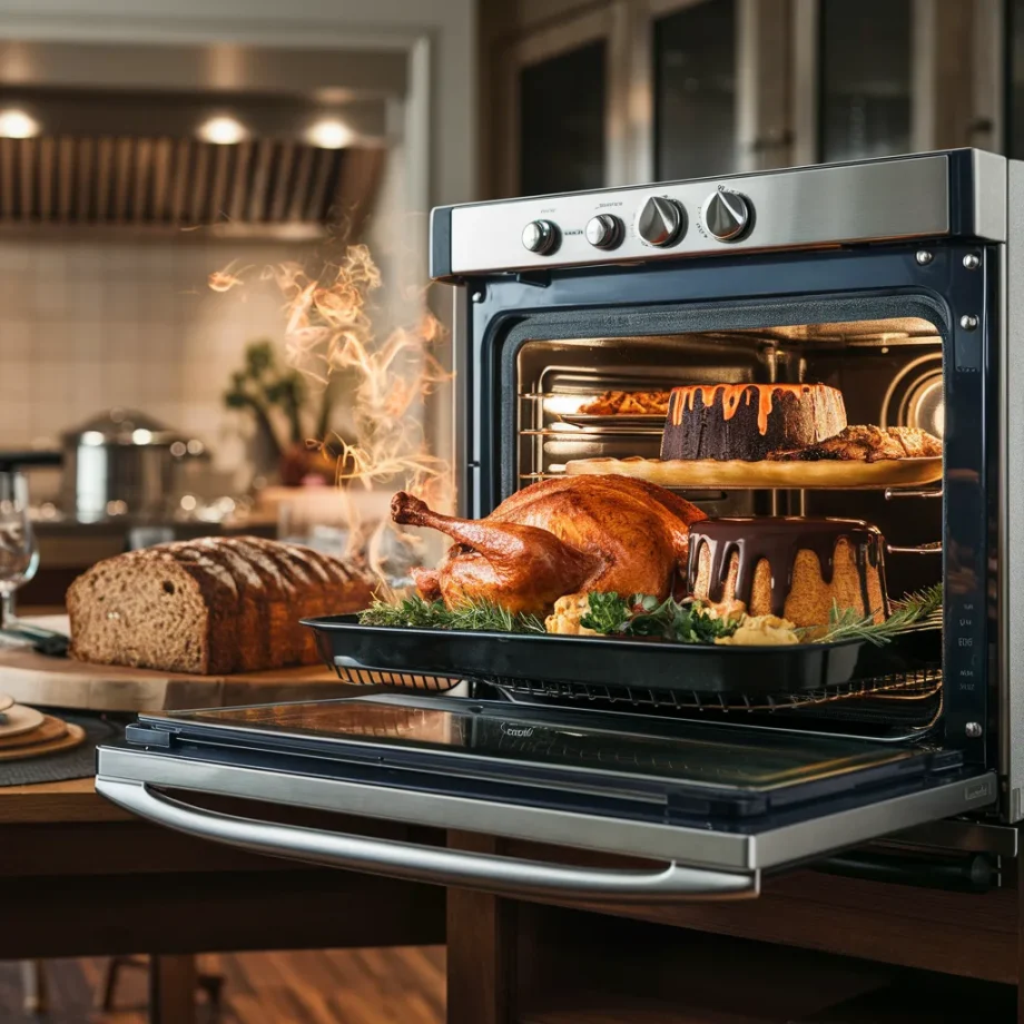 A stunning, high-resolution image of a convectional oven in action. The oven, with a sleek and modern design, is set to a perfect golden brown. Inside the oven, a delicious variety of dishes are being cooked, including a roasted turkey, a chocolate lava cake, and a fresh loaf of crusty bread. The aroma of these mouth-watering dishes fills the room, capturing the essence of a cozy, home-cooked meal. The background features a beautiful, well-lit kitchen with stainless steel appliances and a large, wooden dining table, ready to host a gathering of loved ones.