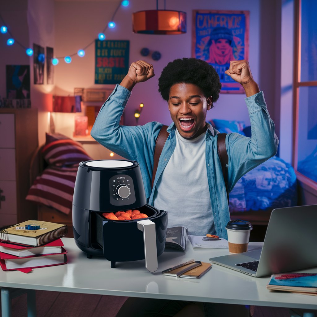 An imaginative image of a college student in a cozy dorm room, excitedly unboxing a small, trendy air fryer.