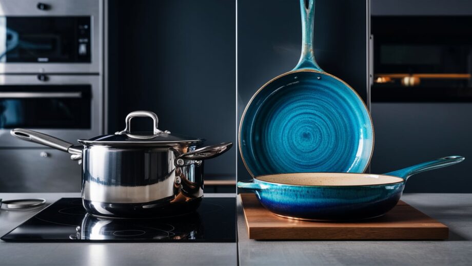 A striking comparison between ceramic and stainless steel cookware in a modern kitchen setting. On one side, a sleek stainless steel pan with a matching pot, showcasing the durability and professional feel of the material. On the other side, a beautiful ceramic skillet with a vibrant, swirling blue glaze, exhibiting the elegance and warmth of the material. The background features modern appliances and kitchen tools, highlighting the versatility and compatibility of both materials in a contemporary kitchen.