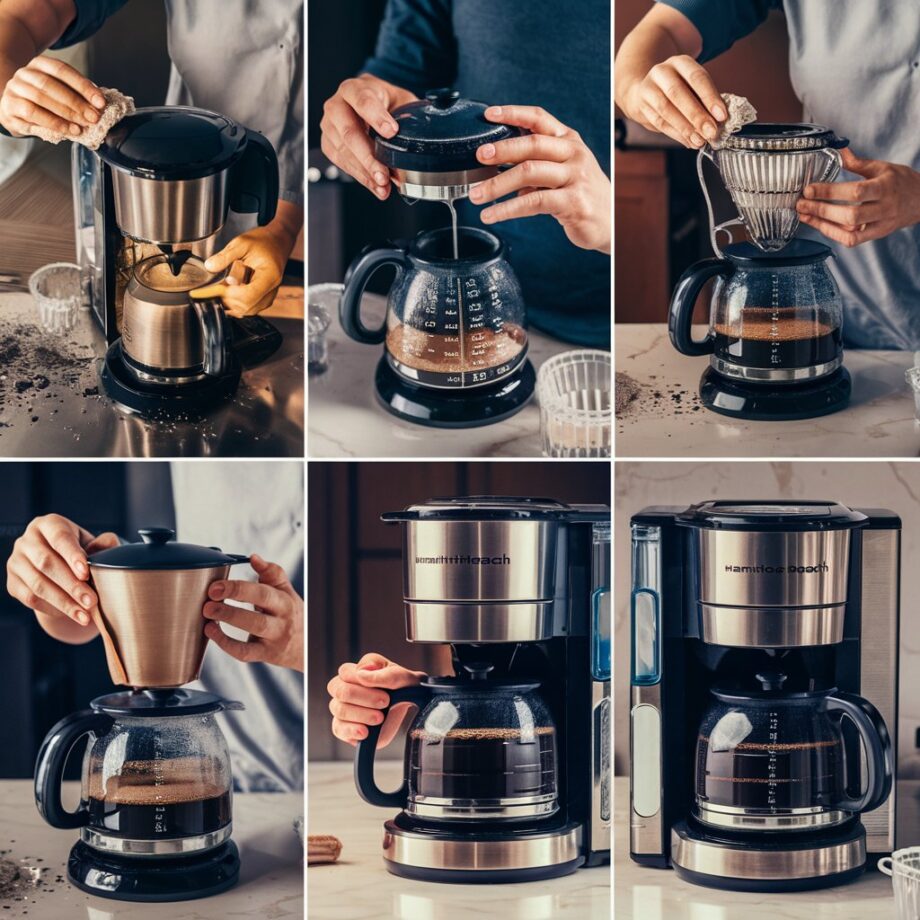 A step-by-step guide on how to clean a Hamilton Beach coffee maker. The image showcases each stage, from disassembling the coffee maker, rinsing the removable parts, scrubbing the carafe, cleaning the brew basket, and finally, wiping down the exterior. The overall ambiance is clean and organized, with the coffee maker disassembled and sparkling clean.