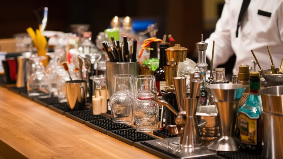 a well-stocked bar with a variety of equipment and tools. The countertop is filled withvariousglasses, liquor bottles, and a mix of modern and vintage tools.