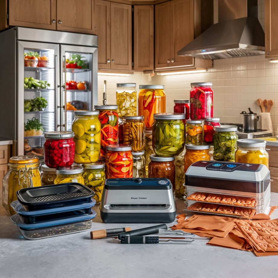 A well-lit and organized kitchen filled with a variety of food preservation equipment. The centerpiece is a large, state-of-the-art refrigerator for fresh produce. Next to it, an array of glass jars filled with colorful pickled vegetables and fruits catch the eye. In the corner, a sleek vacuum sealer is surrounded by a collection of airtight containers, designed to keep food fresh for longer periods. A stylish food dehydrator and a set of silicone food saver bags complete the impressive collection, ensuring that nothing goes to waste in this kitchen.