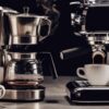 side-by-side comparison of a traditional drip coffee maker and a sleek espresso machine.