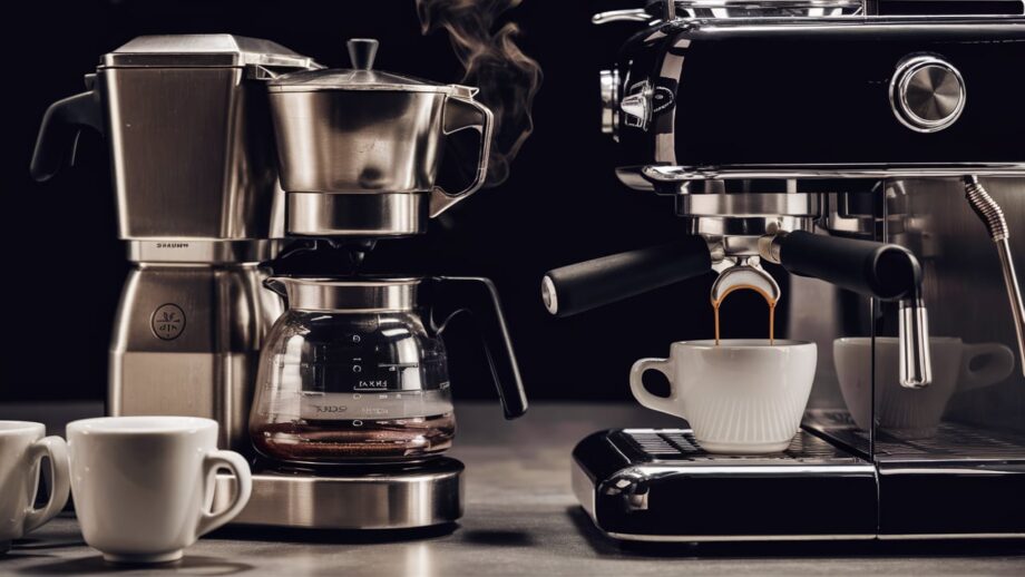 side-by-side comparison of a traditional drip coffee maker and a sleek espresso machine.