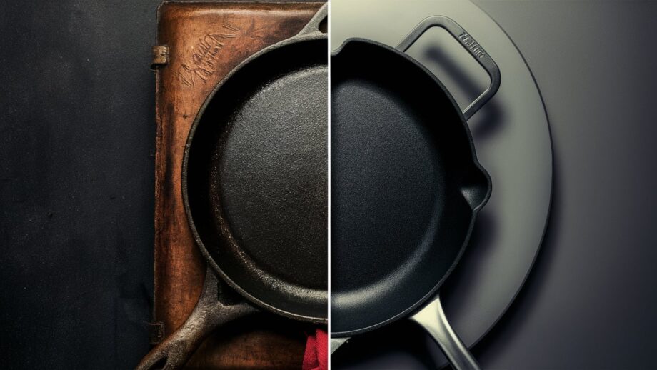 A visually compelling image that contrasts a traditional frying pan and a modern skillet.