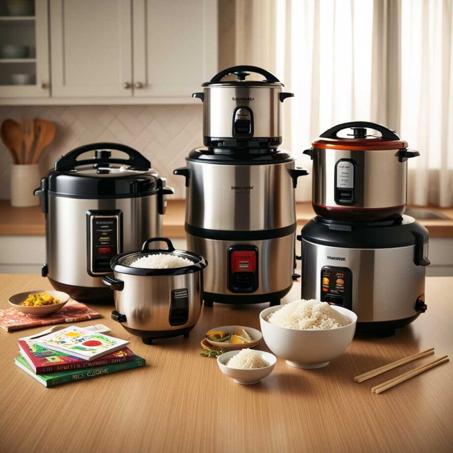 A modern kitchen countertop with wood grain texture displays various rice cookers in different sizes, featuring sleek designs, touchscreens, and vibrant accents. Scattered cookbooks, a bowl of steaming rice, and soft natural light from a window