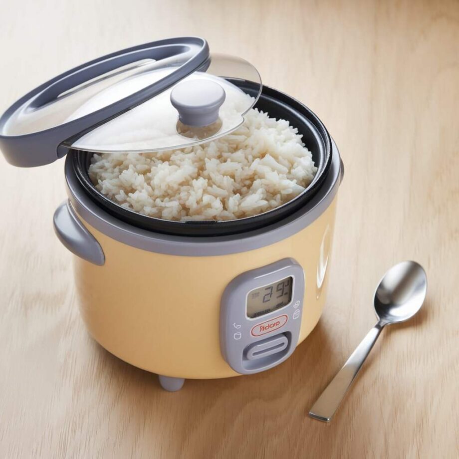 Rice cooker with translucent lid and digital display on wooden surface, filled with cooked rice. Spoon placed beside the rice cooker. Clean, simple background.