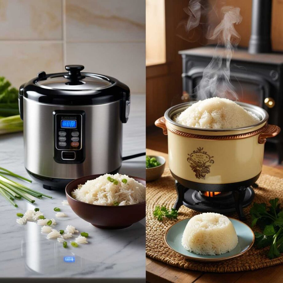 Split-screen image comparing a modern electric rice cooker with a stainless steel body, digital LED display, and compact design on a marble countertop