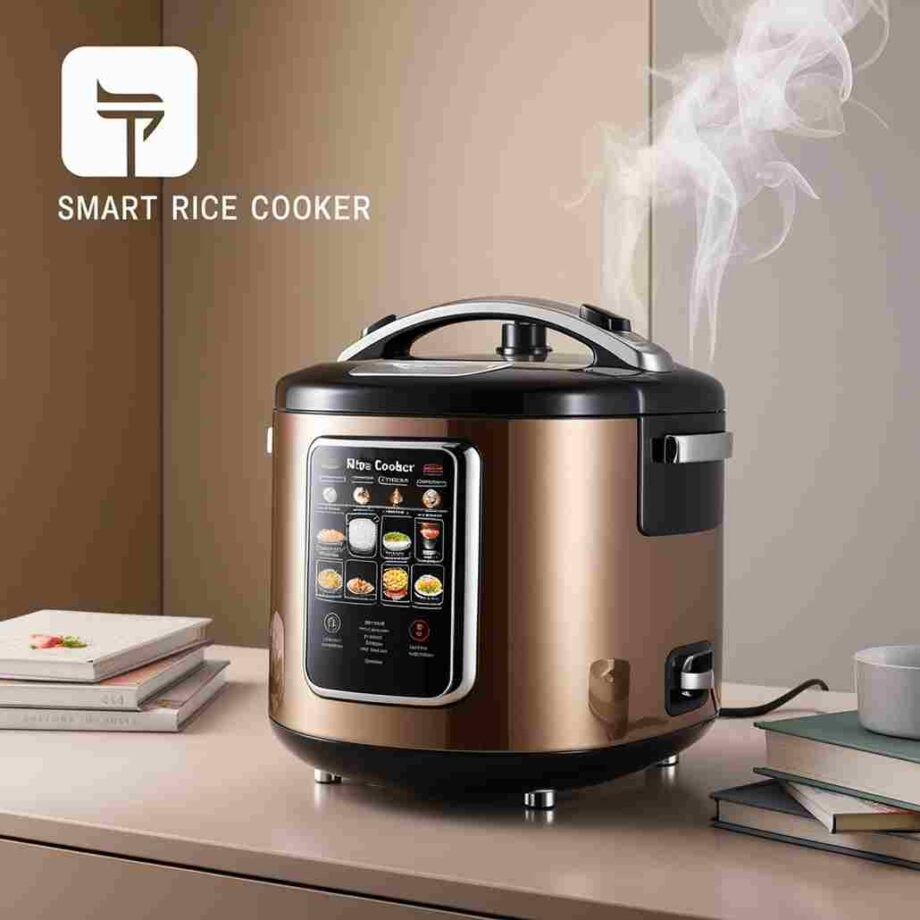 A sleek, high-gloss smart rice cooker with a large, high-resolution LCD touchscreen display showcasing various cooking settings and options