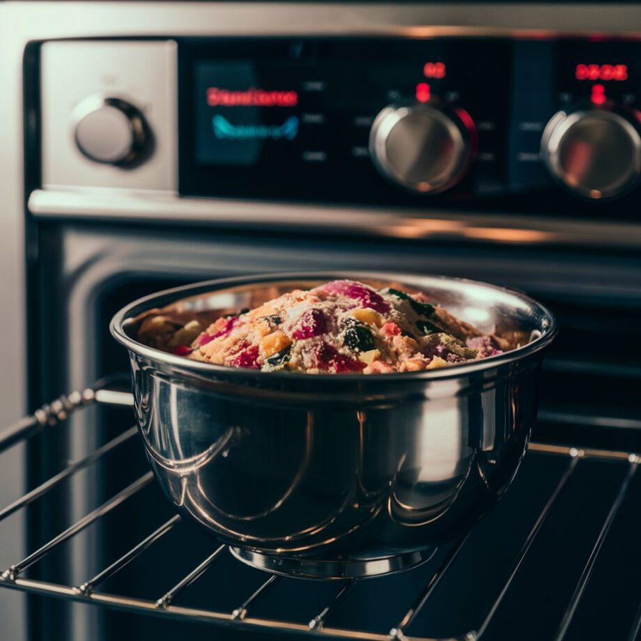 A close-up image of a shiny stainless steel bowl sitting on an oven rack. The oven is preheating, with digital controls displaying the set temperature. The bowl holds a mix of colorful, delicious-looking ingredients, ready for baking. The overall ambiance of the image is warm and inviting, with a sense of anticipation for the culinary delight that awaits.